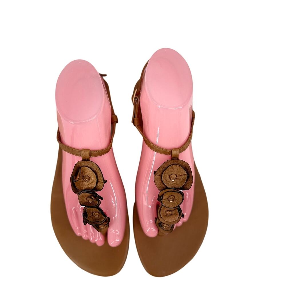 Cole Haan Women's Nike Air Flat T-Strap Sandal 3D Rosettes D30502 SZ 10 Tan Boho
